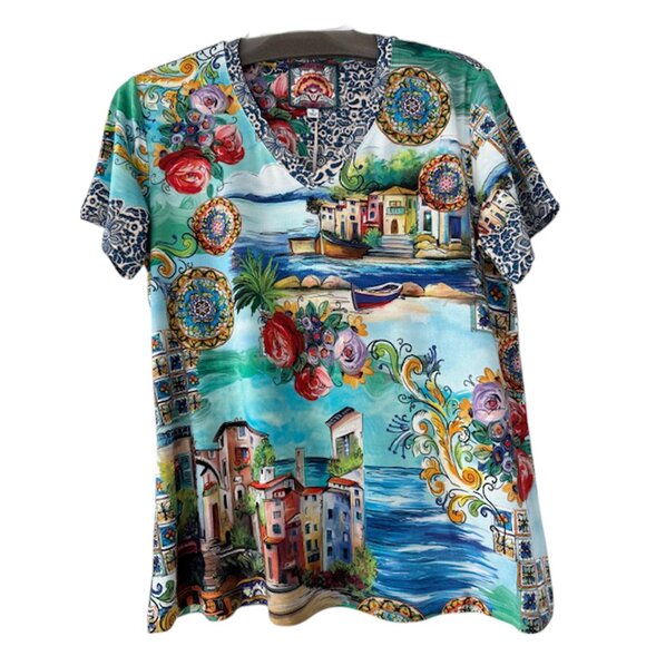 Johnny Was Janie Favorite Christy Short Swing Tee Floral Shirt Green Blue Top NW - Picture 6 of 9